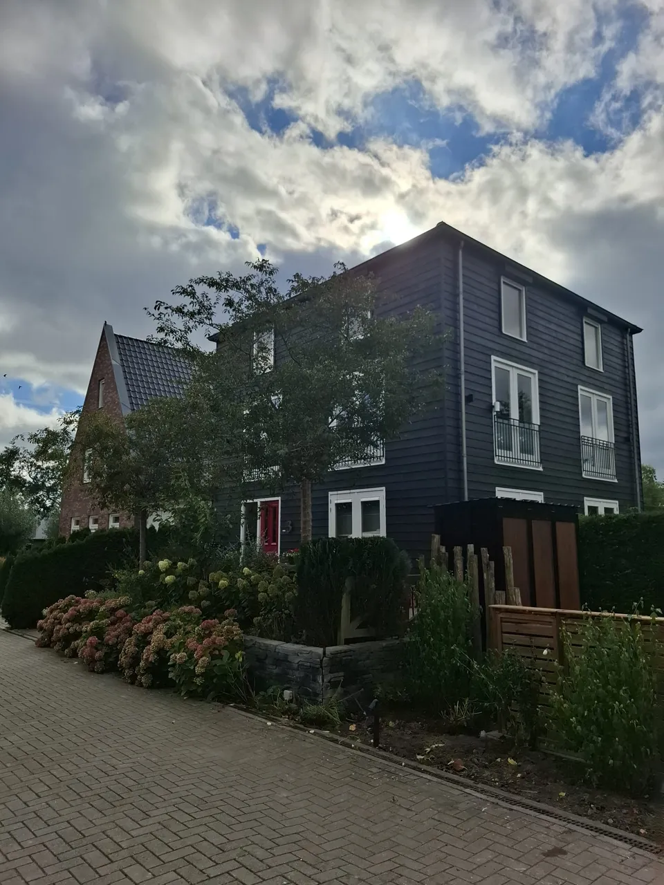 Woning met donkere houten gevel en rode voordeur in de omgeving van Wyldehoarne