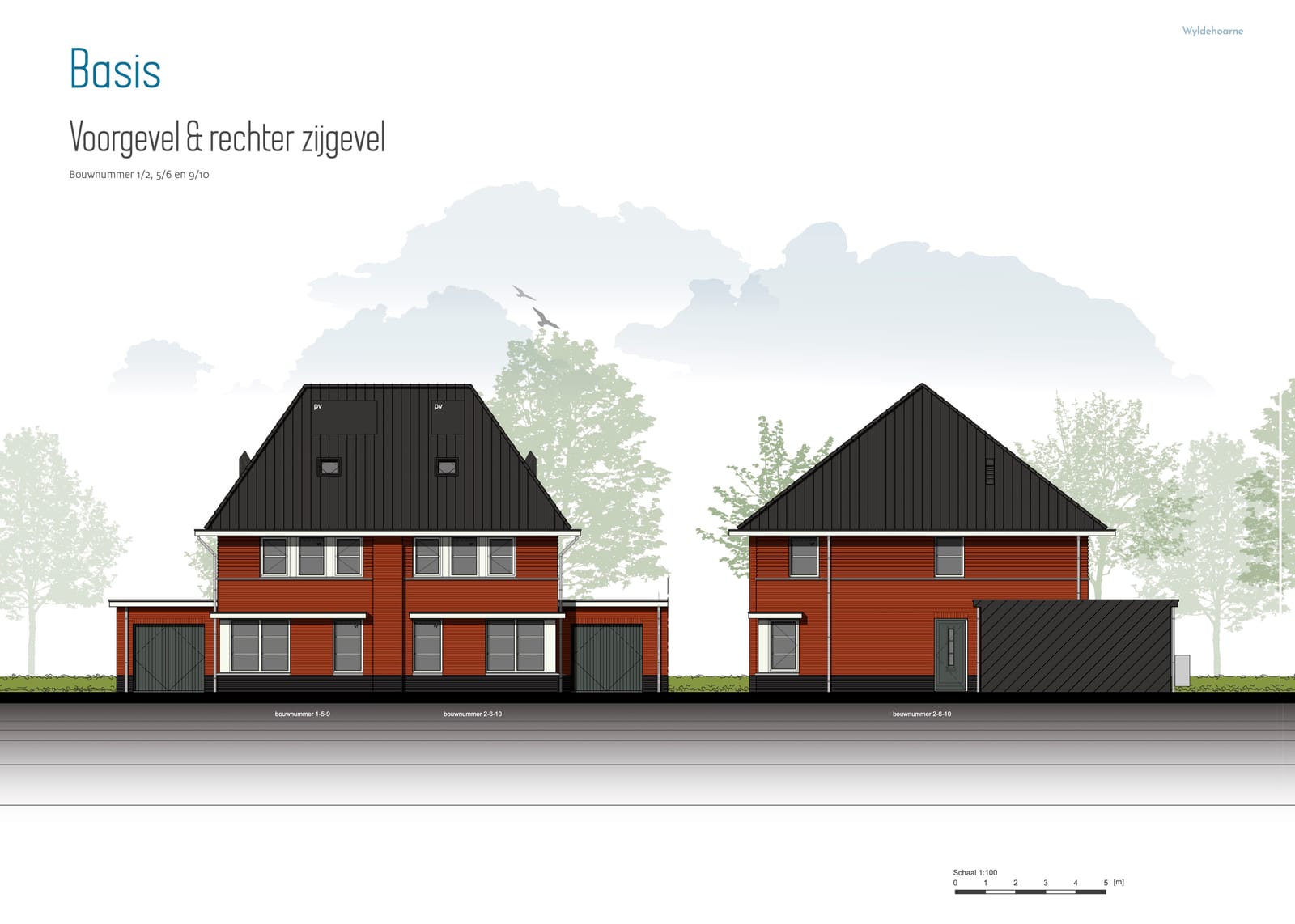 Voorgevel en rechter zijgevel type A, bouwnummer 1/2, 5/6 en 9/10
